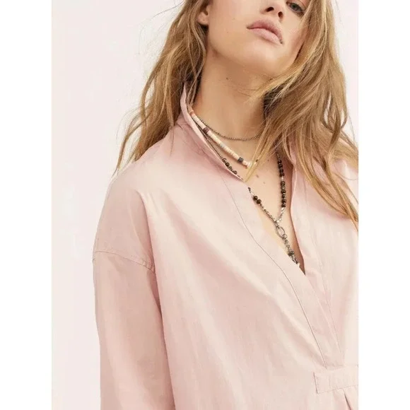 Free people Eva long pink shirt dress XS Oversized, pockets, deep v